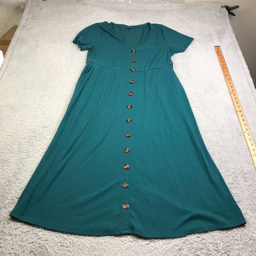 Torrid Button Front Maxi Dress Womens 1X Dark Teal Ribbed Stretch V Neck Modest
